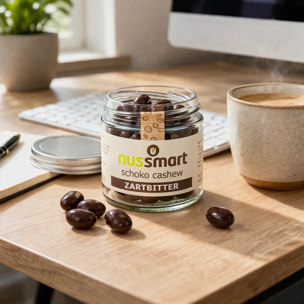 Schoko Cashews Zartbitter im Glas von nussmart geöffnet auf Schreibtisch im Büro mit Kaffee und Tastatur als Snack