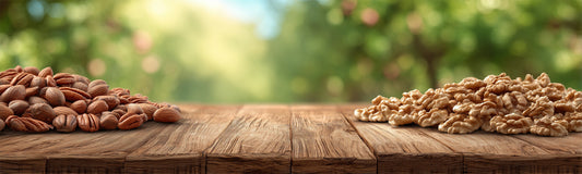 Darstellung Pekankerne linke Seite und Walnusskerne rechte Seite auf Holztisch und Hintergrund mit Bäumen