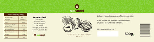 Etikett Haselnussmus aus dem Piemont 500g Glas von nussmart