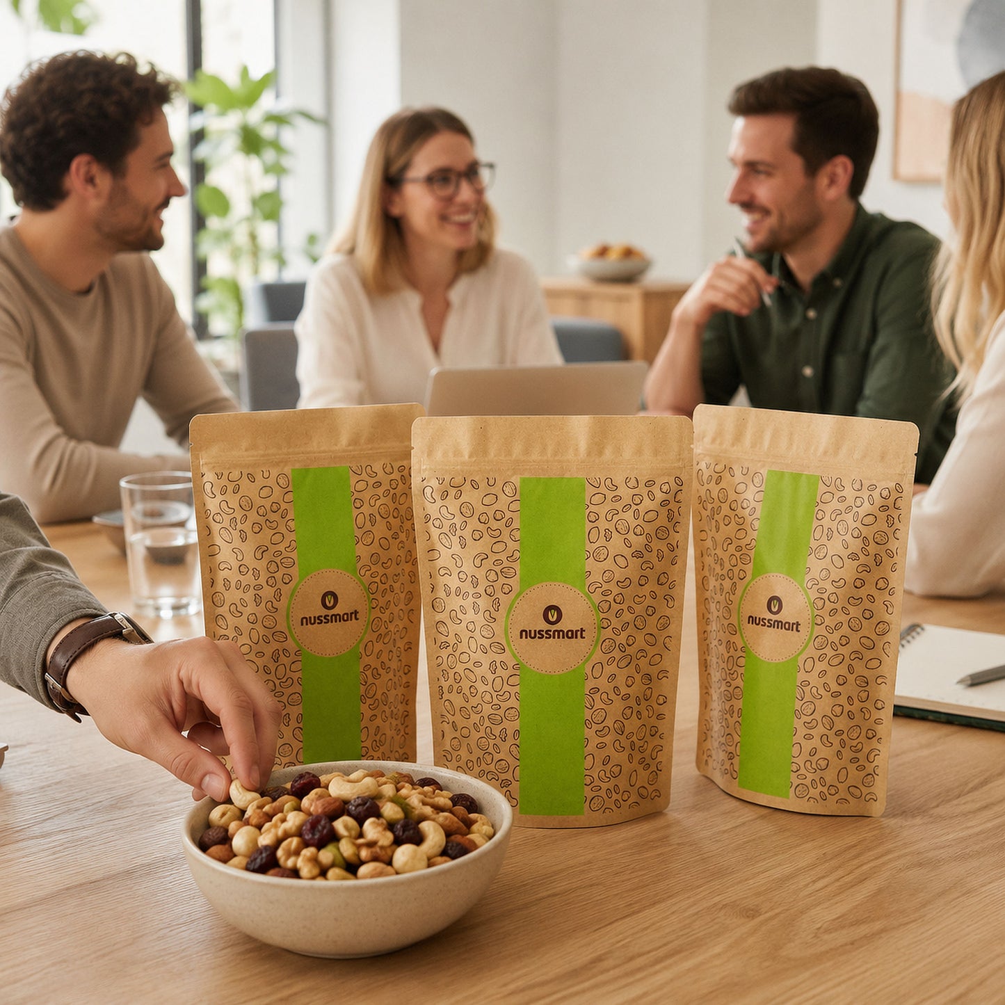 Büro Test Genussmix von nussmart mit drei Nussmischungen und Nussschale in einem modernen Büro-Meeting