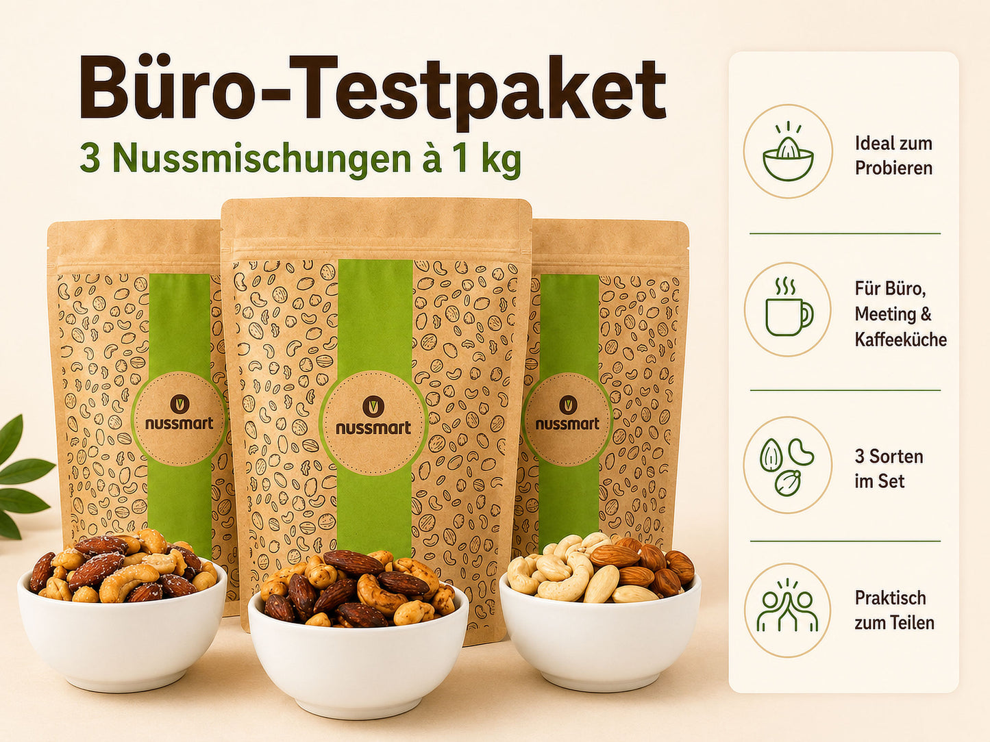 Nussmart Büro-Testpaket mit drei Nussmischungen à 1 kg für Büro, Meeting und Kaffeeküche