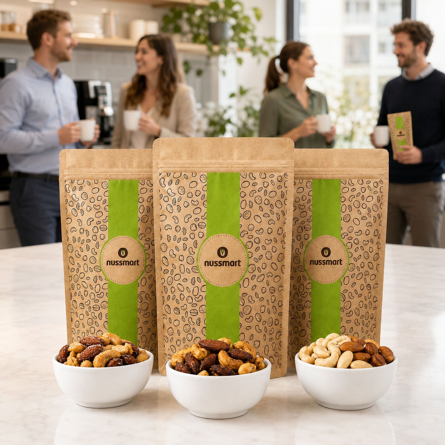 Nussmart Büro-Testpaket mit drei Nussmischungen à 1 kg in einer modernen Büro-Kaffeeküche