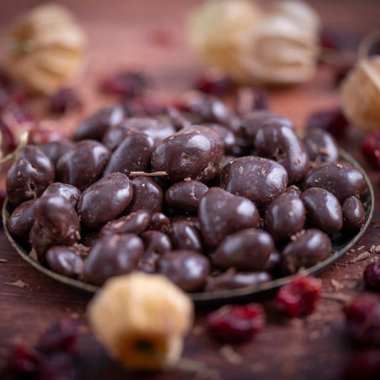 nussmart Cranberries schokoliert / umhüllt mit dunkler Zartbitterschokolade. Platziert in Schale auf Holztisch dekoriert