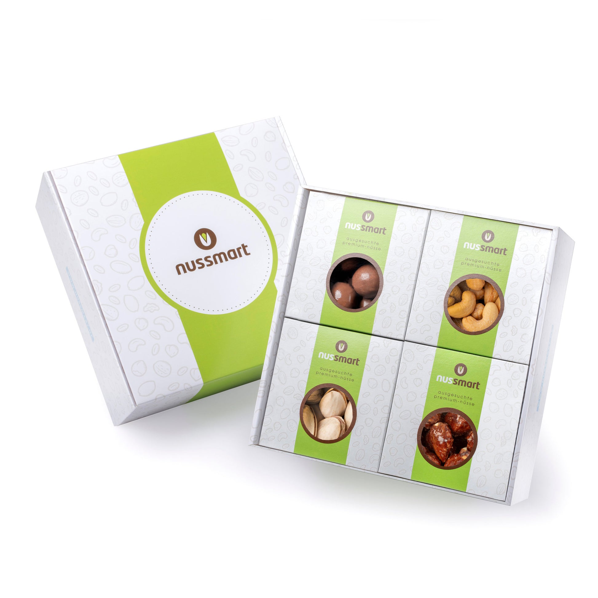 Geschenkbox Darstellung von nussmart 4 verschiedene Sorten mit Nüssen 
