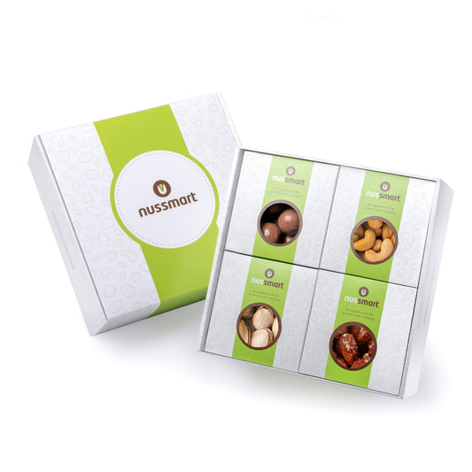 Geschenkbox Darstellung von nussmart 4 verschiedene Sorten mit Nüssen 