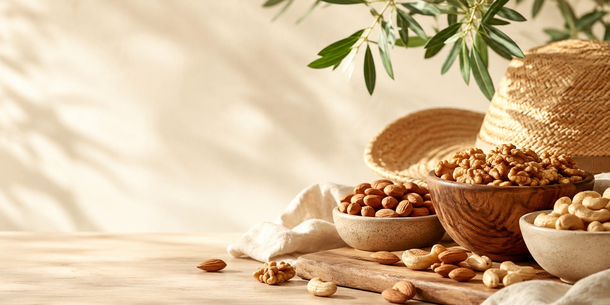 Sommerliches Betriebsferien-Banner mit dekorativen Schalen voller Cashews, Mandeln und Walnüsse auf hellem Holz vor warmem Naturhintergrund