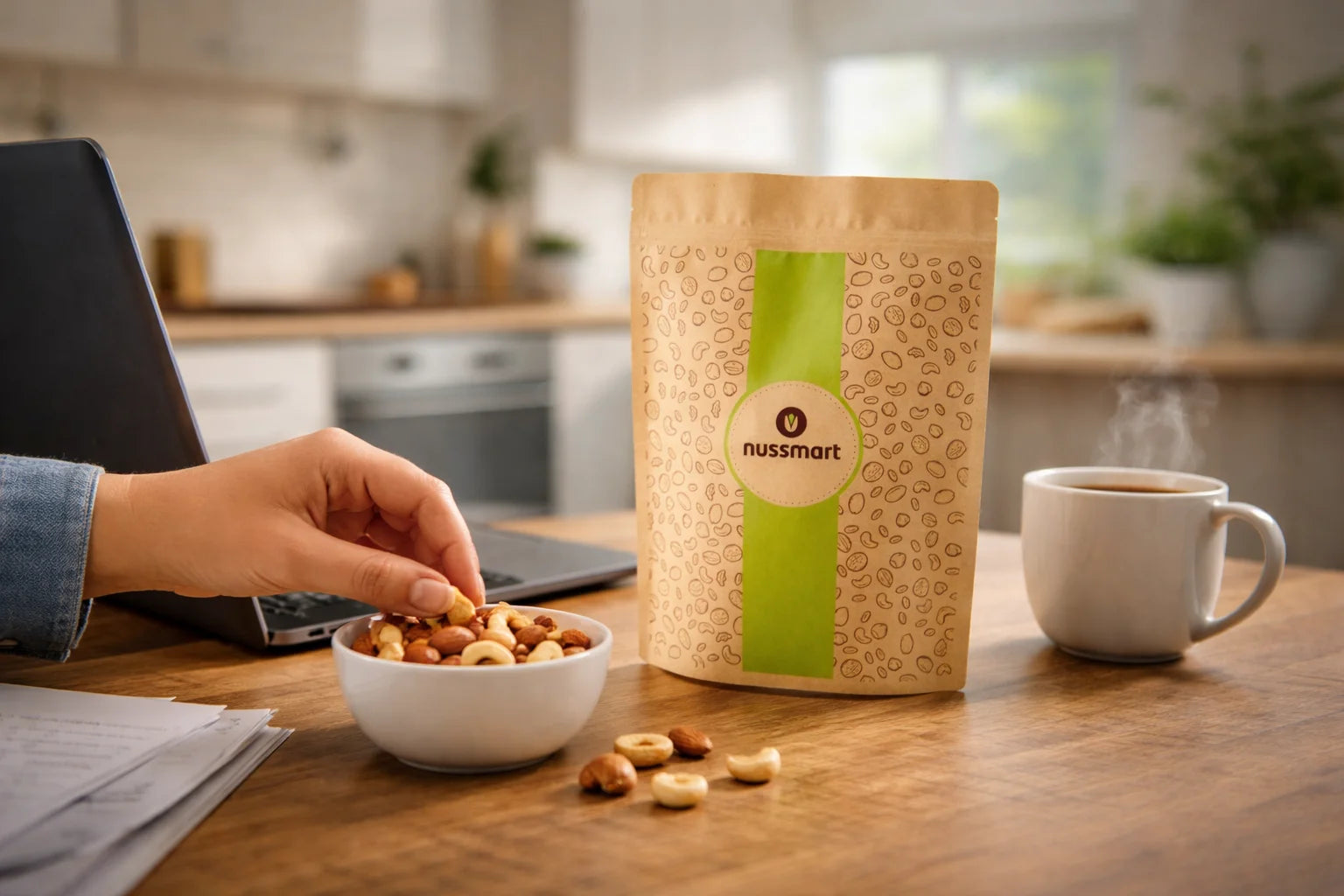 Snacks für den Arbeitsalltag: Nussmart Nüsse im Beutel auf Schreibtisch mit Kaffee im Home Office