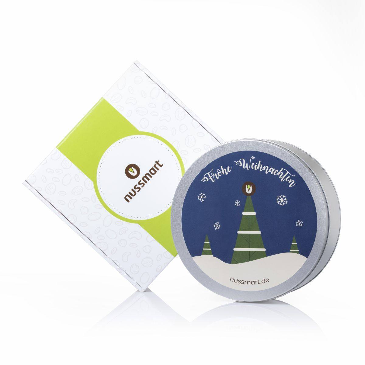 Geschenkdose mit Premiumnüssen von nussmart mit Weihnachtsmotiv und weisser Hintergrund